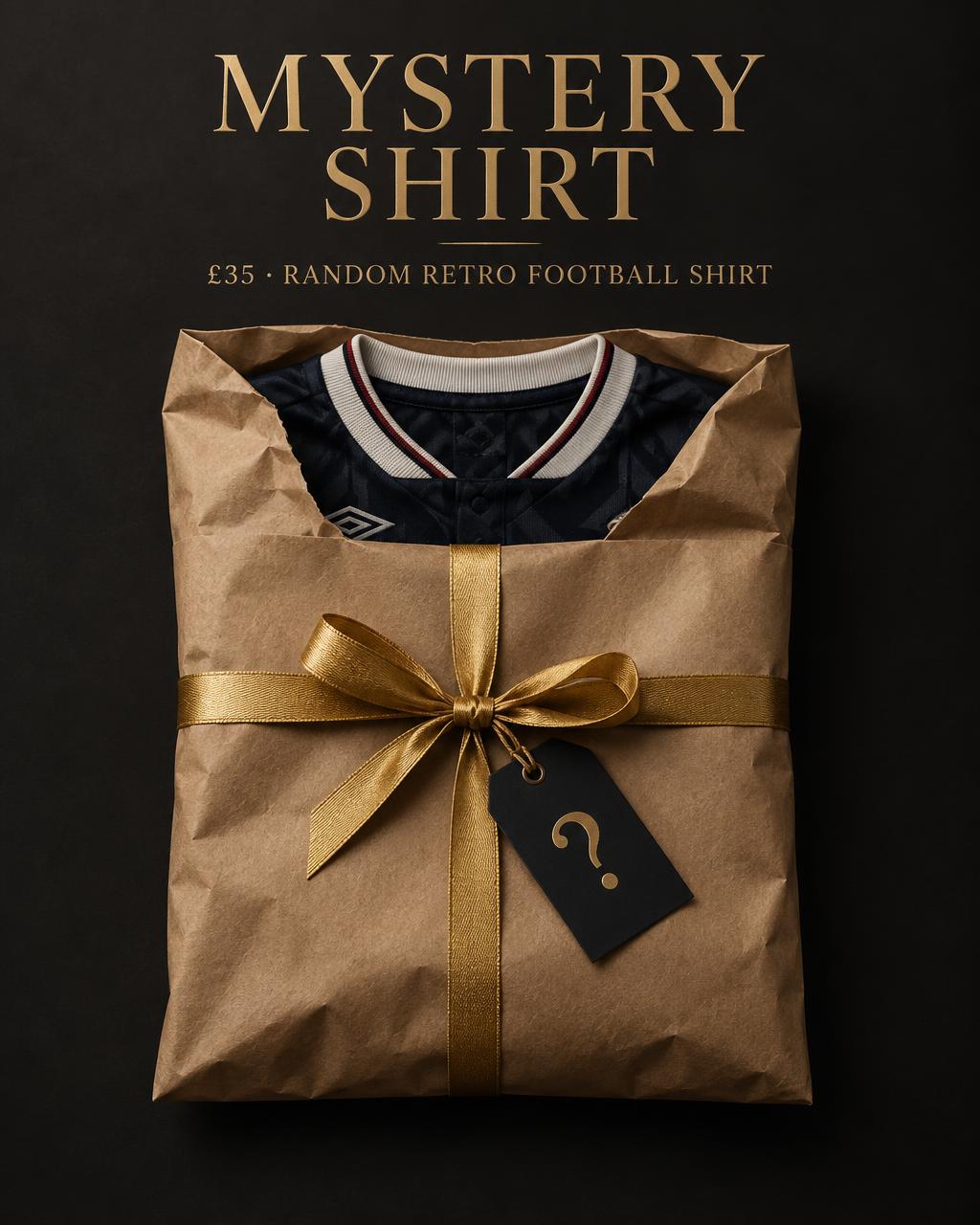 Mystery Shirt — a wrapped retro football shirt with a gold ribbon